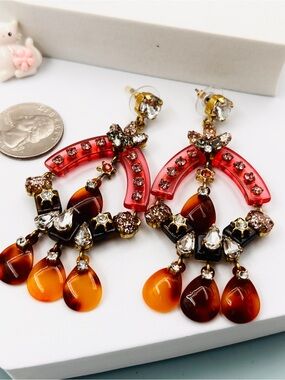 J.Crew Gold Plated Crystal Tortoise Beaded Statement Dangle Drop Earrings